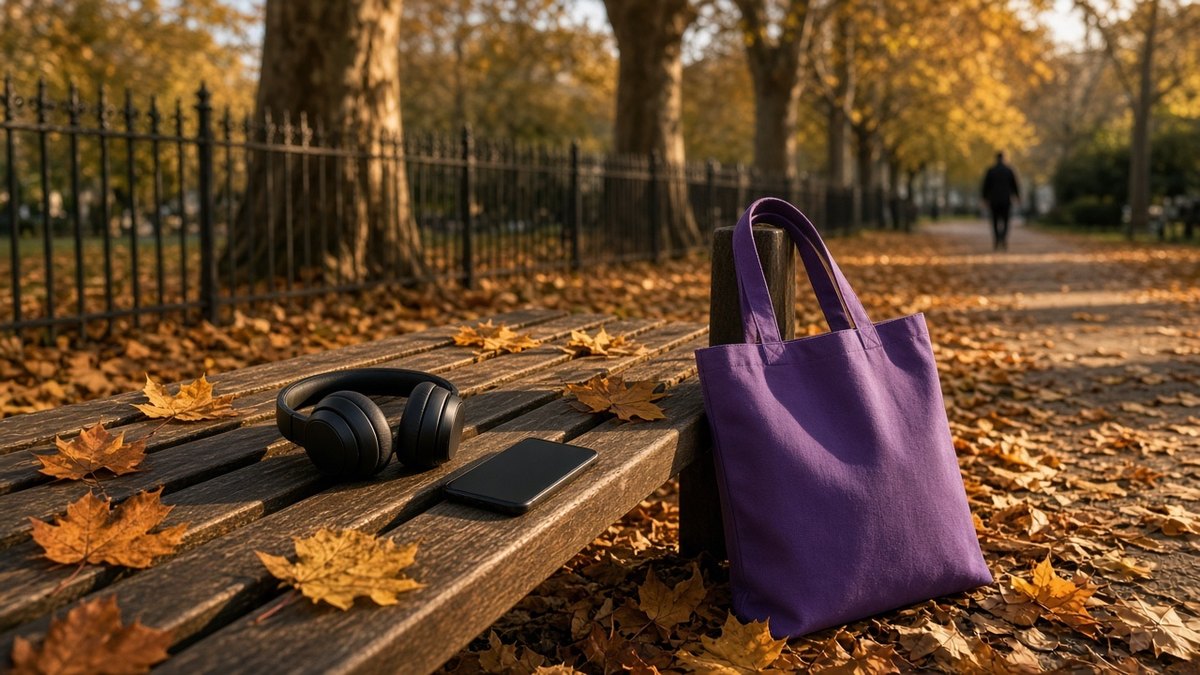 Over-ear headphones and a smartphone with a dark screen resting on a wooden bench in a UK city park in autumn, fallen leaves and a mid-purple tote bag beside them in golden afternoon light