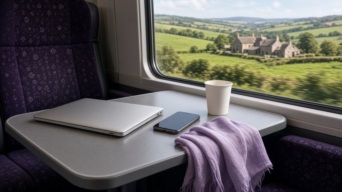 Closed laptop and a smartphone with a dark screen on a train table by the window, a plain paper coffee cup and a lilac scarf beside them and green countryside blurred outside