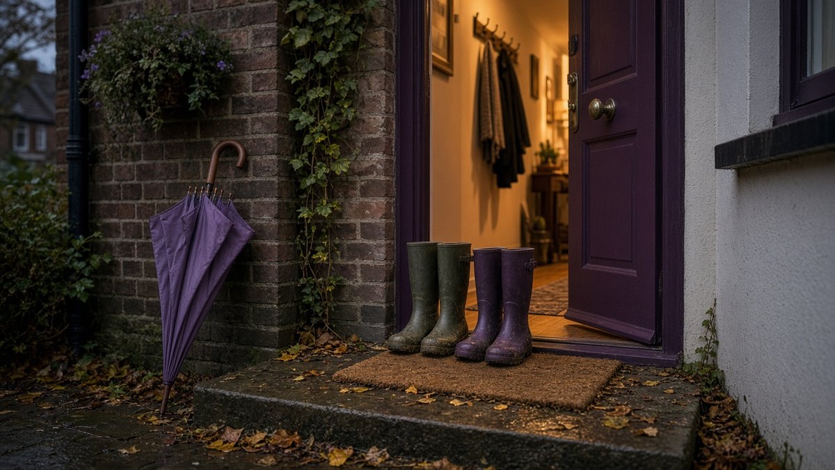 Wellies and a lilac umbrella on the porch mat of a UK home in autumn, the front door open to a warmly lit hallway