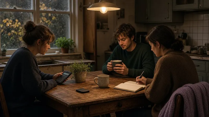Three housemates at a kitchen table working out how to split a household bill