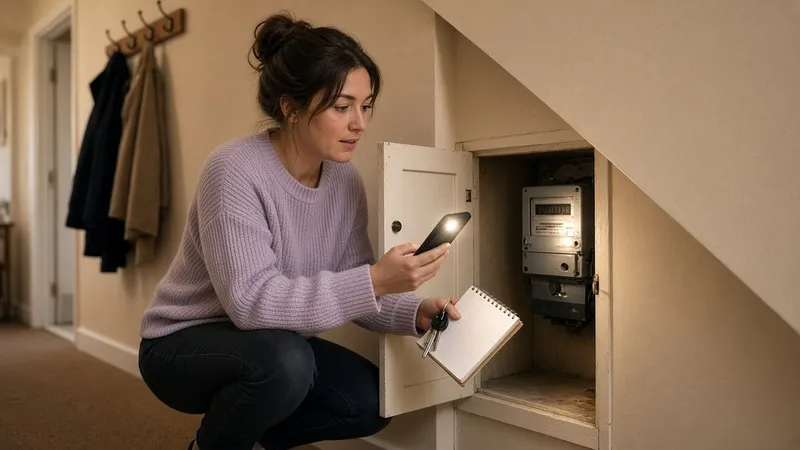 Tenant crouching in a hallway cupboard using a phone torch to read an electricity meter in a rented flat