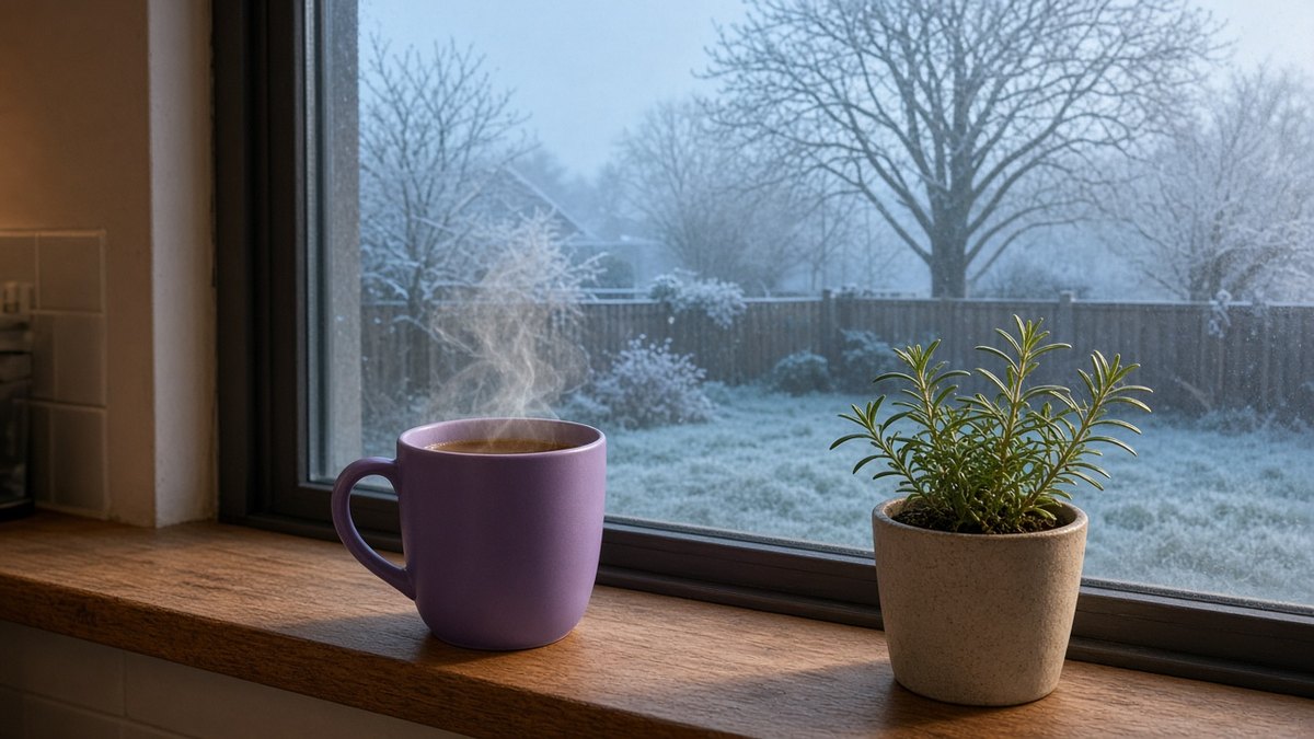 Frosty back garden seen through a misted kitchen window on a winter morning, a lilac mug on the sill