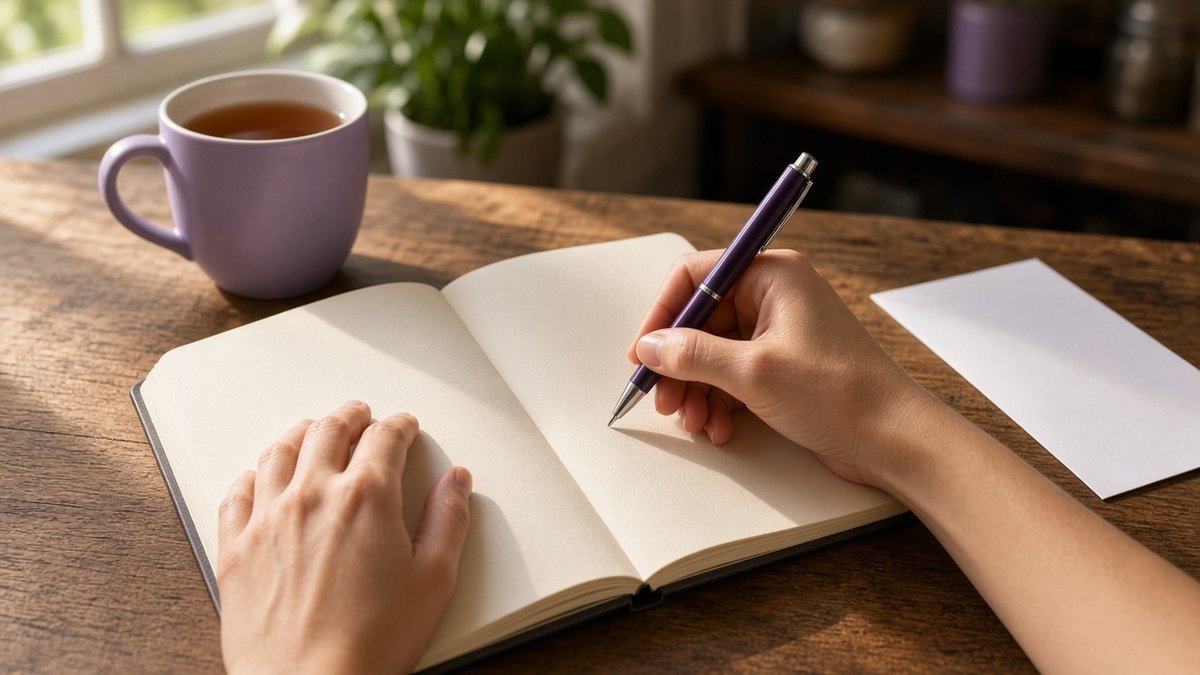 Hands writing in an open paper diary at a kitchen table with a plum pen and a cup of tea beside it