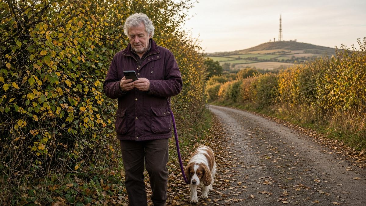 Older man walking a spaniel on a country lane checking his phone, with a mobile mast on a distant hill