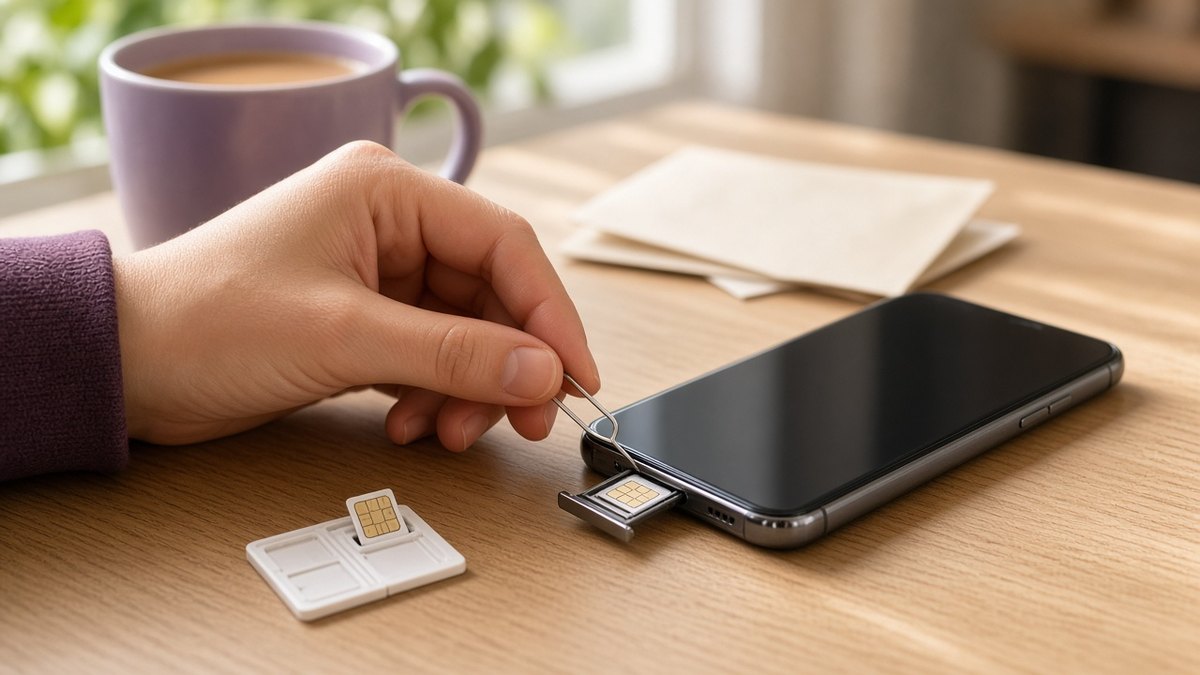 Hand using a SIM ejector pin to place a nano SIM into a smartphone tray on an oak table