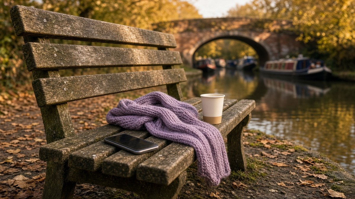 Smartphone and a lilac scarf on a wooden bench by an English canal towpath in autumn, narrowboats moored by a brick bridge