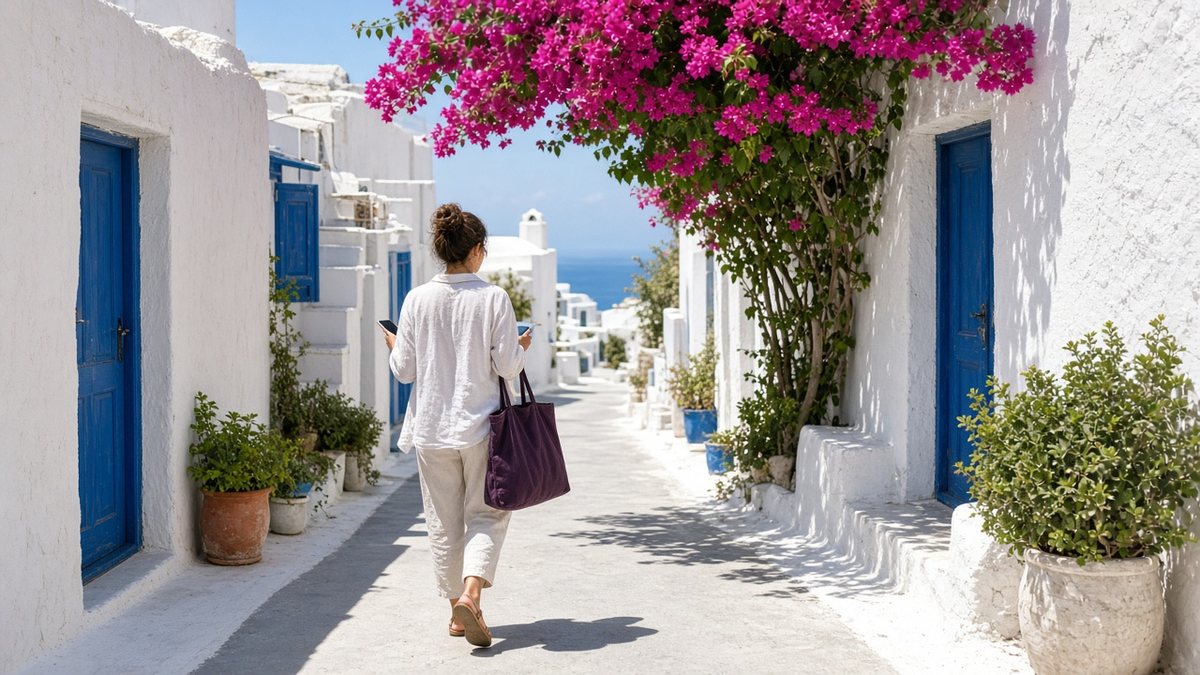 Traveller seen from behind with a plum tote bag and a smartphone in a whitewashed Greek island alley with blue doors and bougainvillea