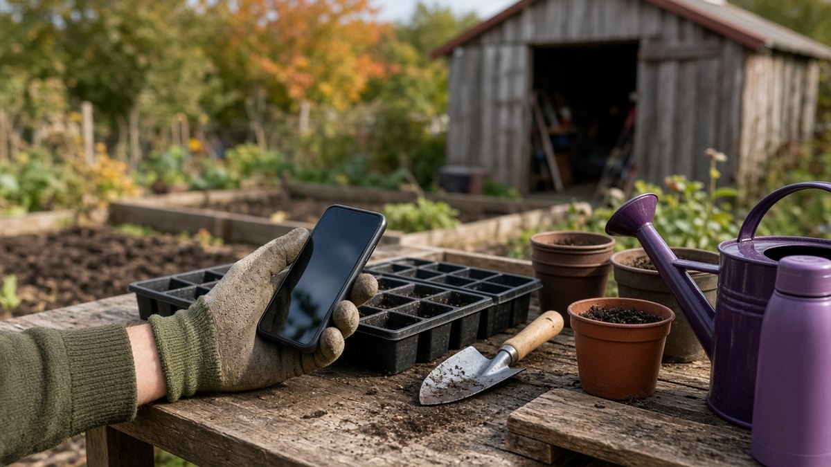 Gardener’s gloved hand holding a smartphone at an allotment shed bench with seed trays and a plum watering can