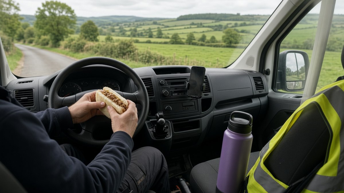Tradesperson on a lunch break in a parked van in a countryside lay-by, phone propped on the dashboard, lilac flask on the seat