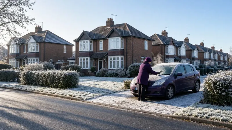 Row of 1930s semi-detached houses on a frosty winter morning with a resident scraping ice from a car windscreen