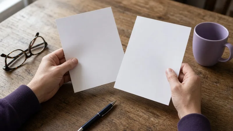 Hands holding two printed energy tariff letters side by side on a wooden dining table with reading glasses and a pen
