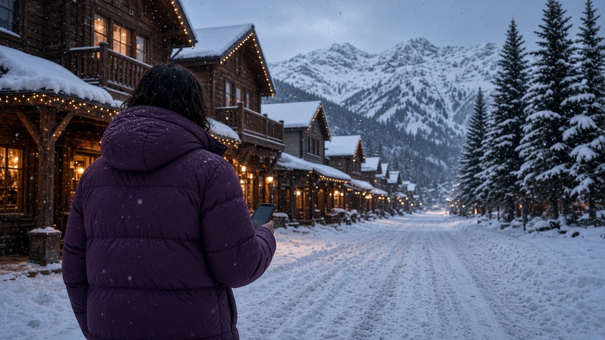Person in a plum coat seen from behind on a snowy mountain-town street at dusk with festive lights, holding a smartphone