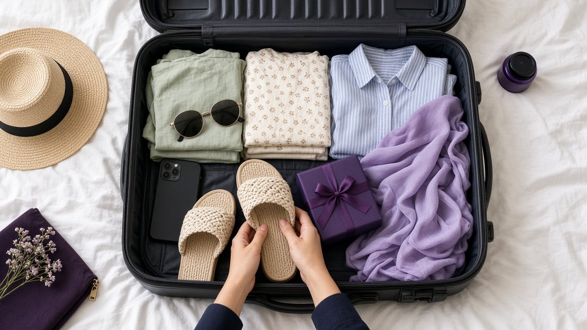 Open suitcase on a bed being packed with summer clothes, a smartphone, a lilac sarong and a small wrapped gift