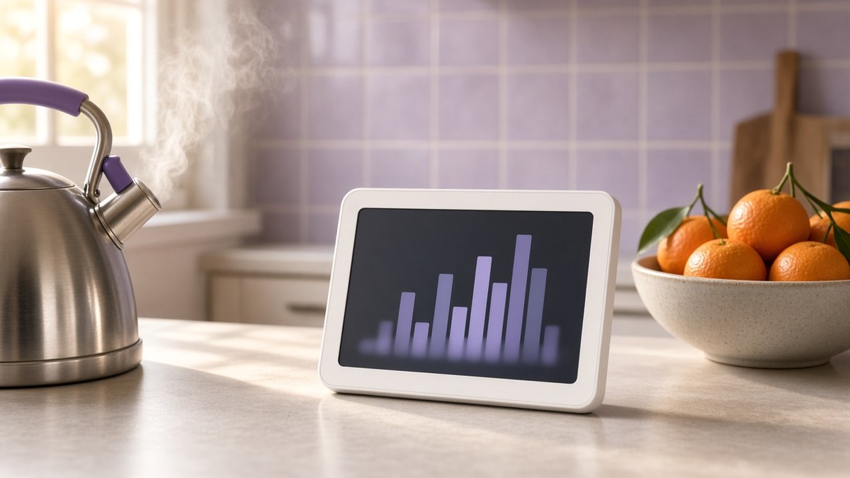 In-home energy display on a kitchen worktop beside a kettle in morning light