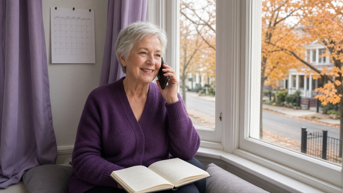 Woman on a phone call at a window seat with a notebook and wall calendar, arranging an energy switch