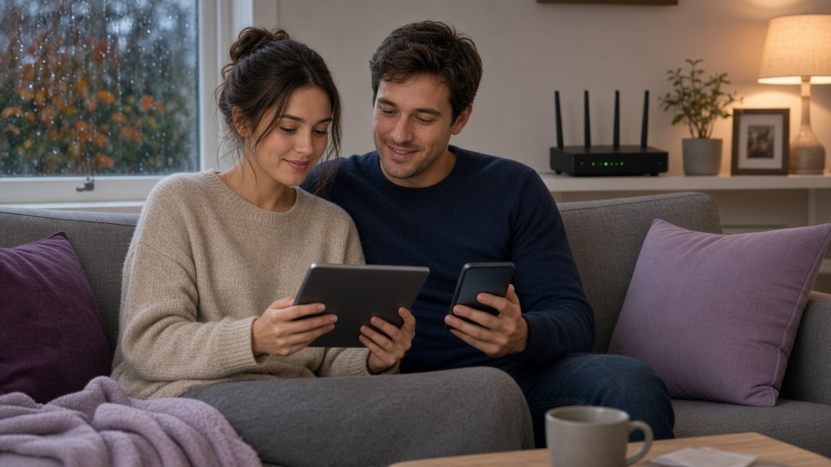 Young couple on a grey sofa comparing home services on a tablet and a phone, a wireless router on the shelf behind them and rain on the window