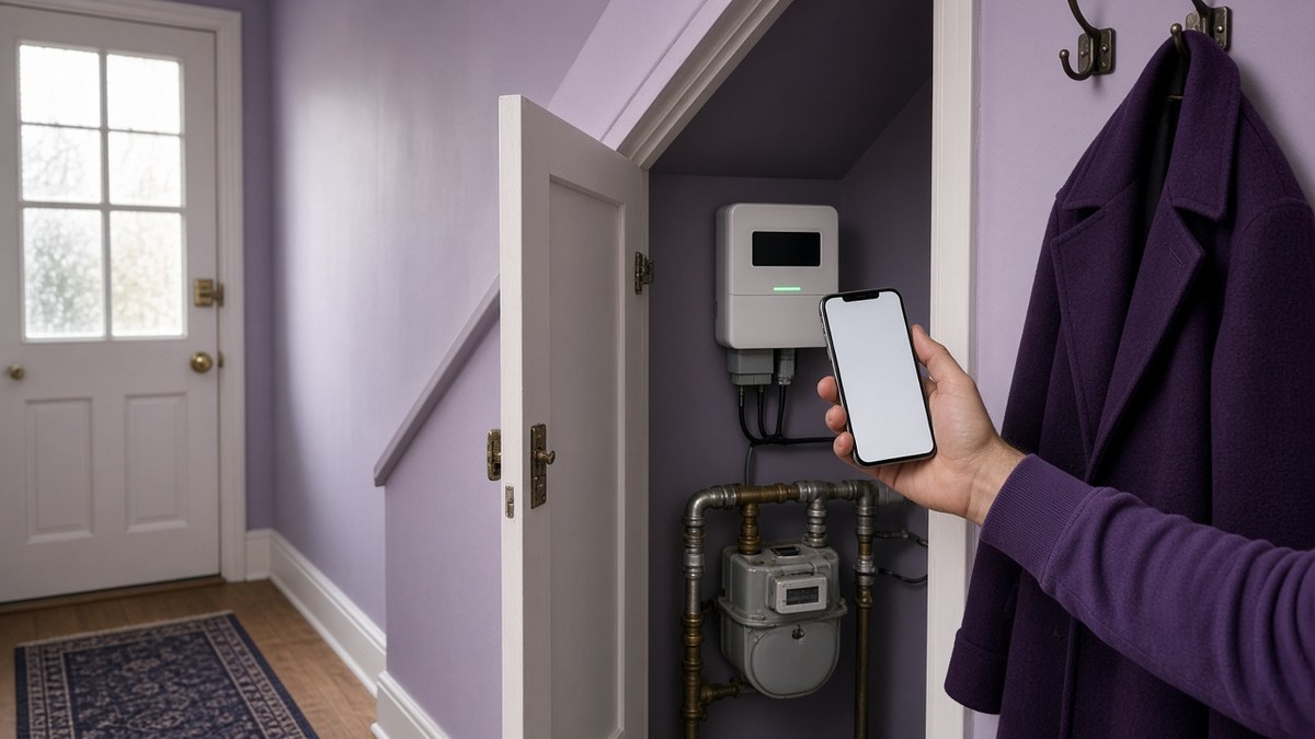 Man holding a smartphone beside a smart electricity meter and a gas meter in an open under-stairs cupboard of a lavender-painted hallway, a plum coat on a hook