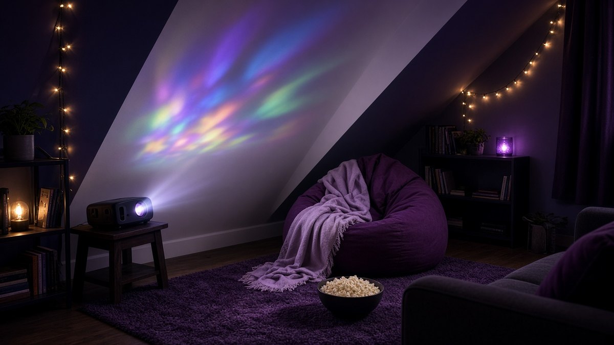 Projector beam lighting a white wall in a darkened loft den, a plum beanbag and a bowl of popcorn on the rug, no people