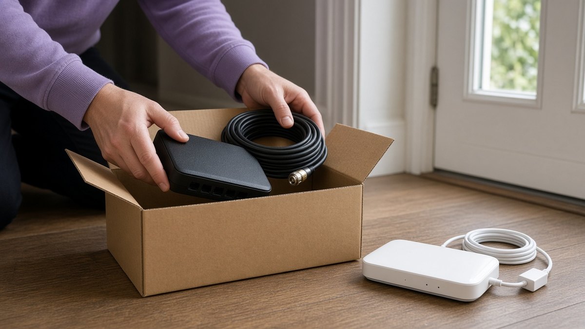 Hands placing an old cable broadband router and coiled coaxial cable into a cardboard returns box on a hallway floor, a new white router beside it