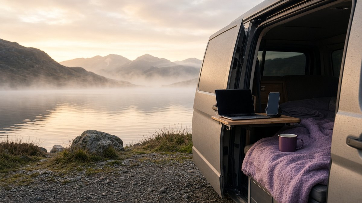 Laptop and smartphone hotspot on a campervan table beside a misty Highland loch at dawn, a lilac blanket and plum mug on the seat