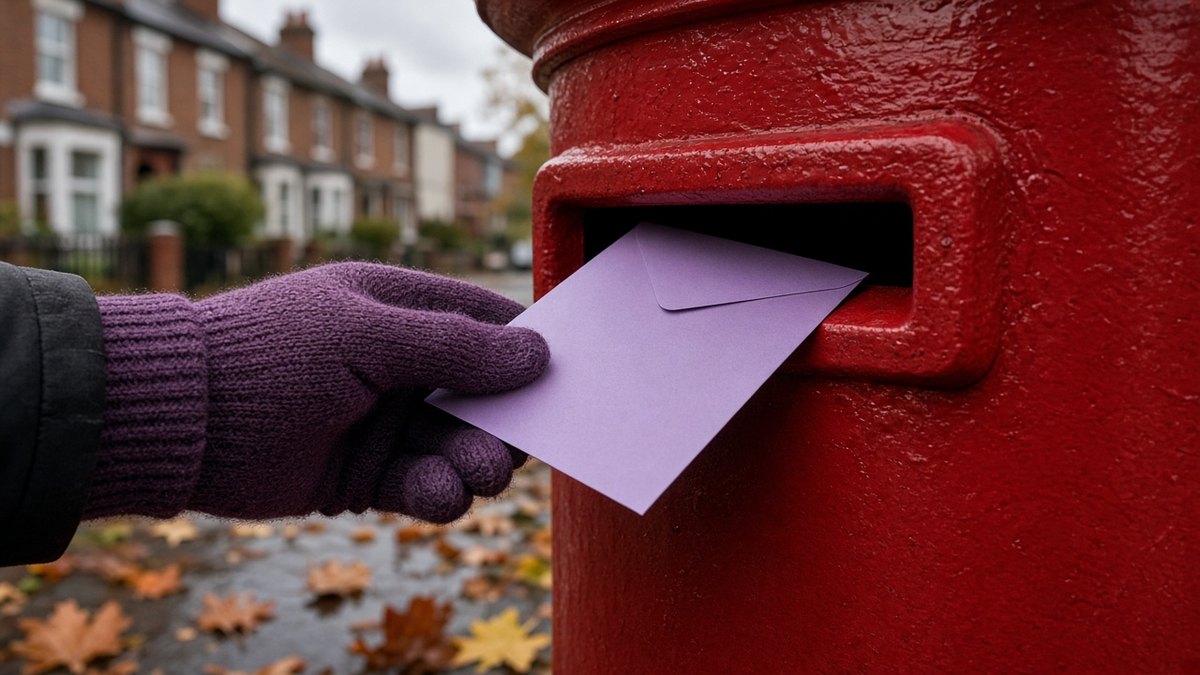 Hand in a plum knitted glove posting a lilac envelope into a red pillar box on a wet autumn street