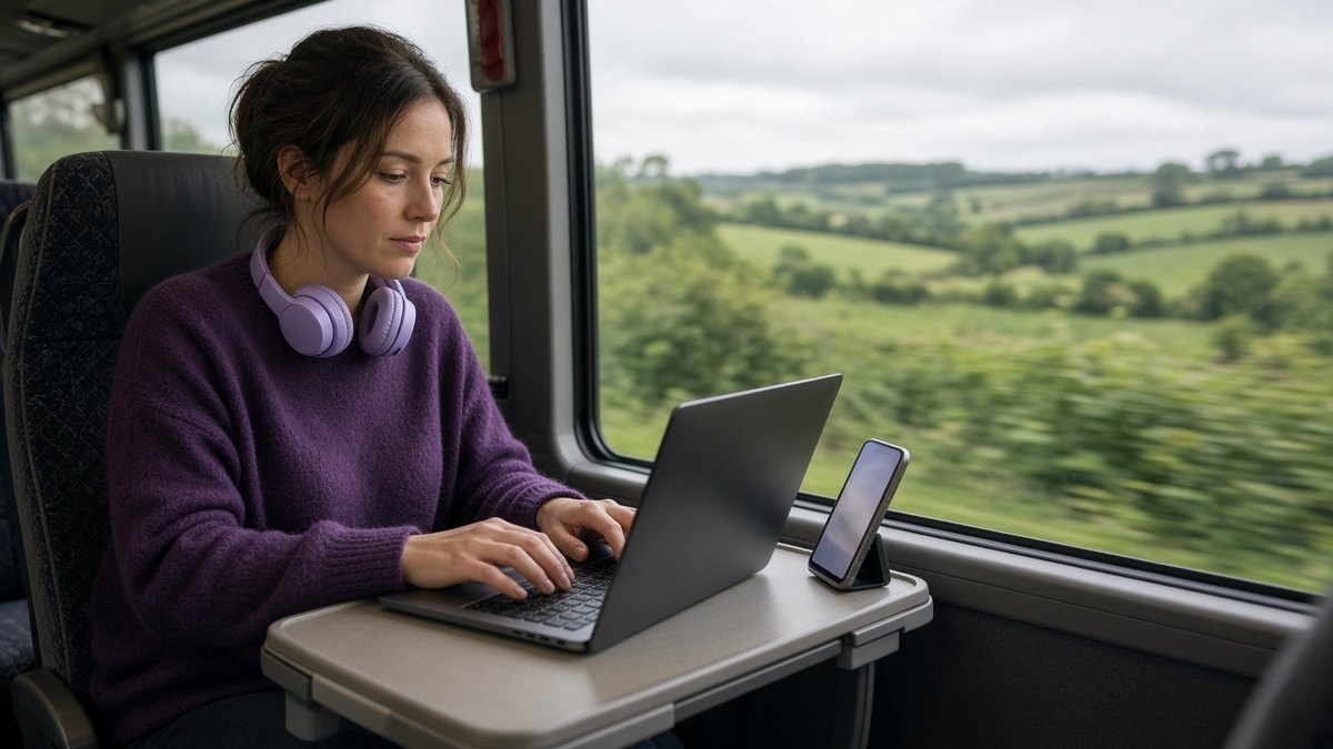 Young woman on a long-distance coach working on a laptop connected to her phone hotspot