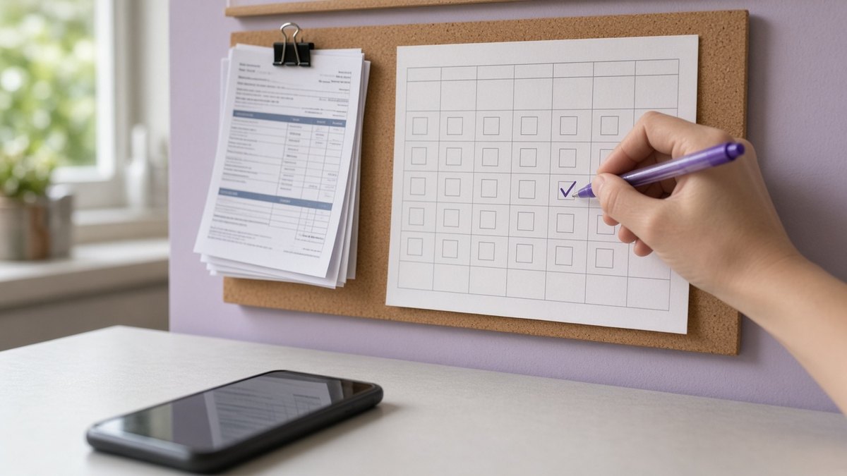 Hand marking dates on a kitchen wall calendar next to printed phone bills and a smartphone
