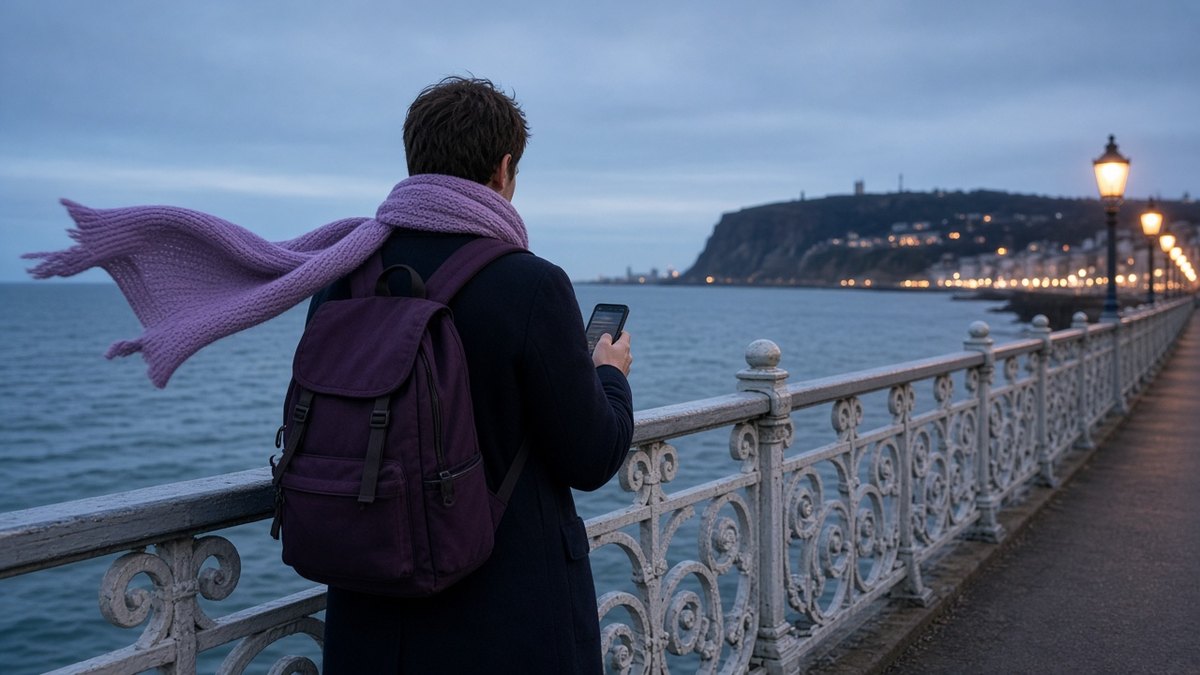 Person seen from behind leaning on the railing of a Victorian seaside pier at blue hour, checking a smartphone, a lilac scarf blowing in the sea breeze