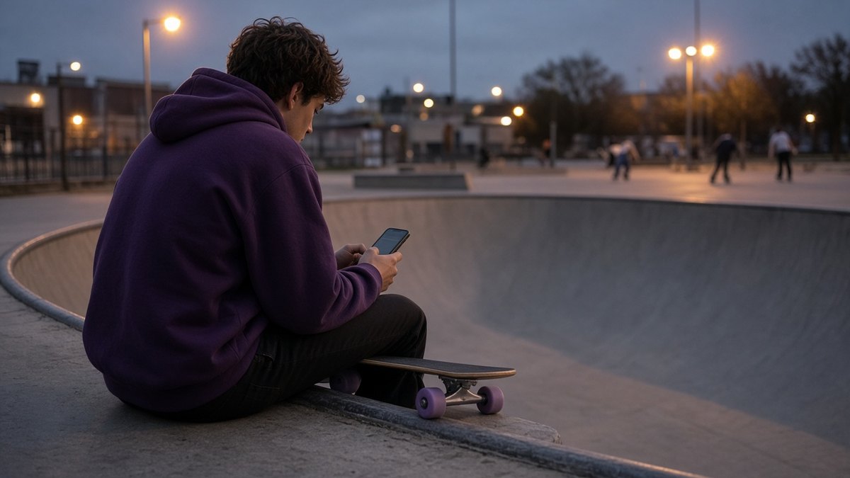 Young skater sitting on the edge of a concrete bowl at a UK skate park at dusk, scrolling on a smartphone, a skateboard with lilac wheels beside them