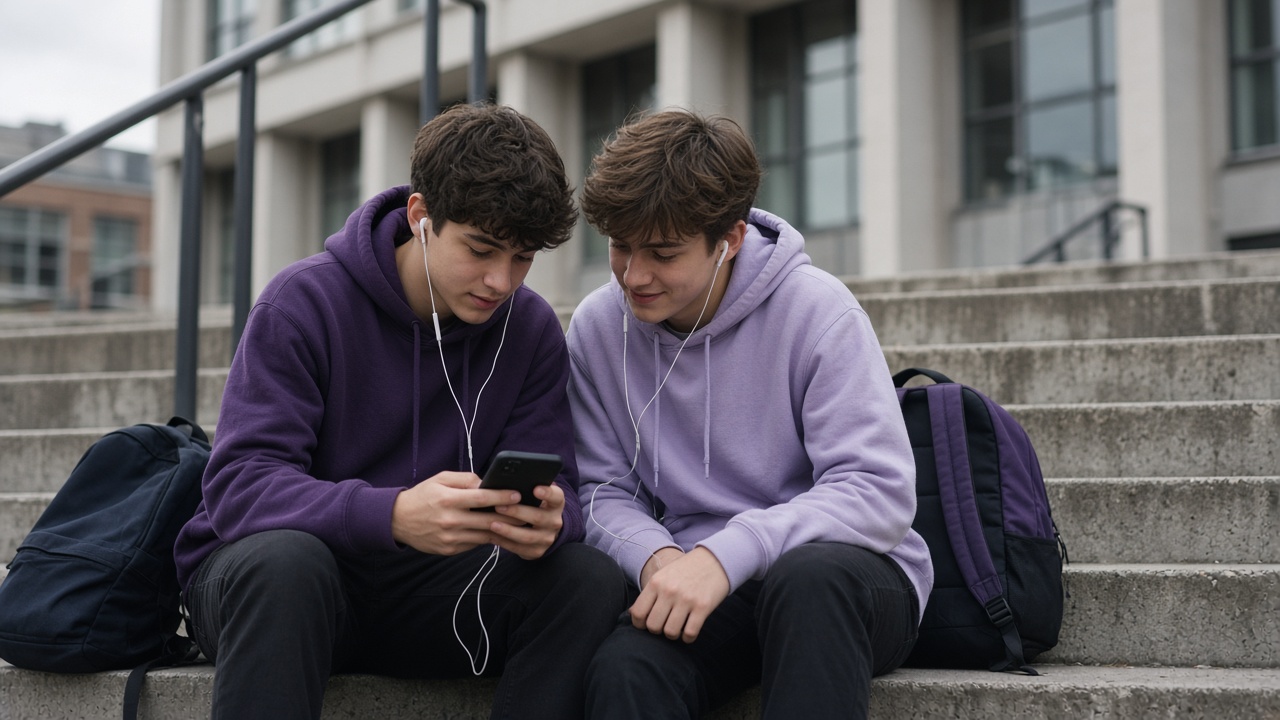 Two students sharing social apps and music on a smartphone outside college — VOXI SIM plans