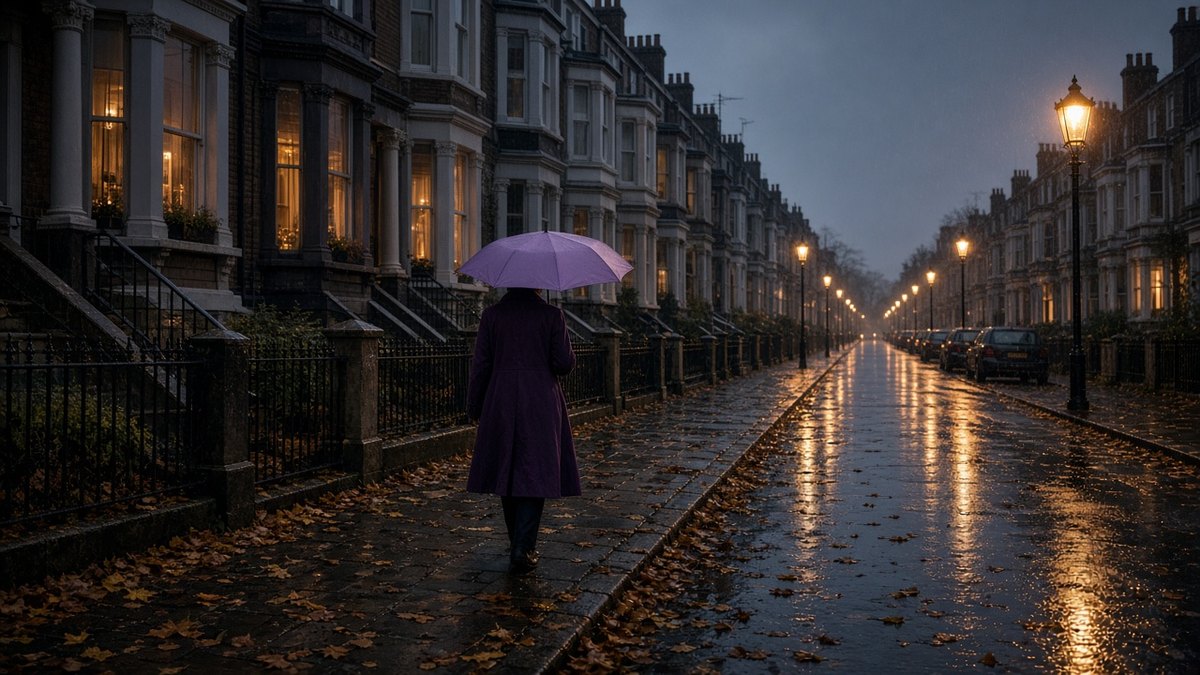 Person seen from behind with a lilac umbrella walking down an Edwardian terraced street in late November dusk, wet leaves on the pavement