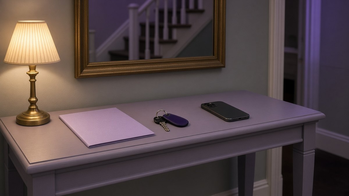 Lilac folder, house keys and a face-down phone on a hallway console table beside a small lamp