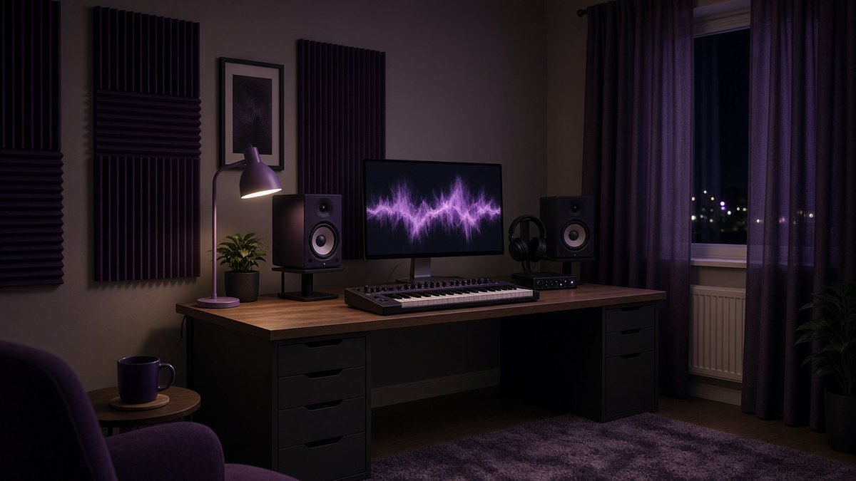 Home music studio desk with a keyboard, studio monitors and headphones in a spare bedroom at night, a plum acoustic panel on the wall