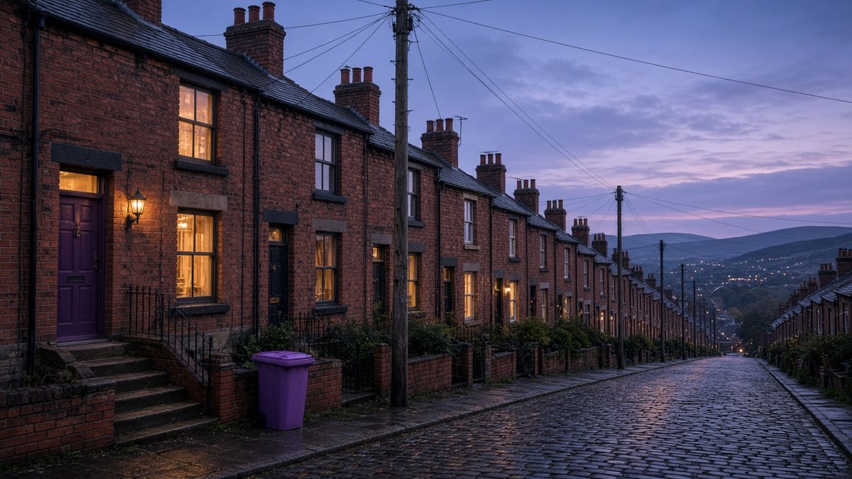 Northern UK terraced street at blue hour with timber telegraph poles and fine overhead cables running to the houses, warm lights in the windows