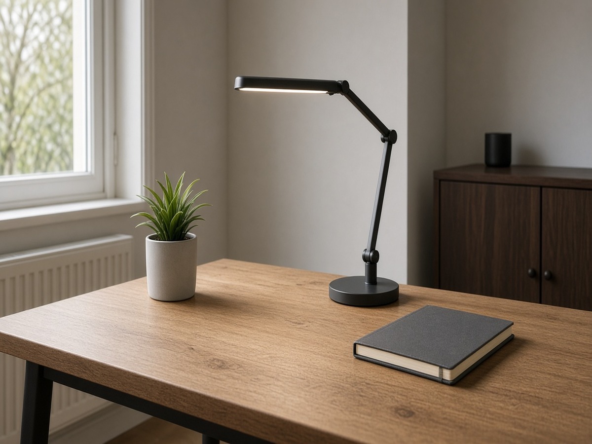 Small-business office desk with lamp and notebook — Yu Energy electricity