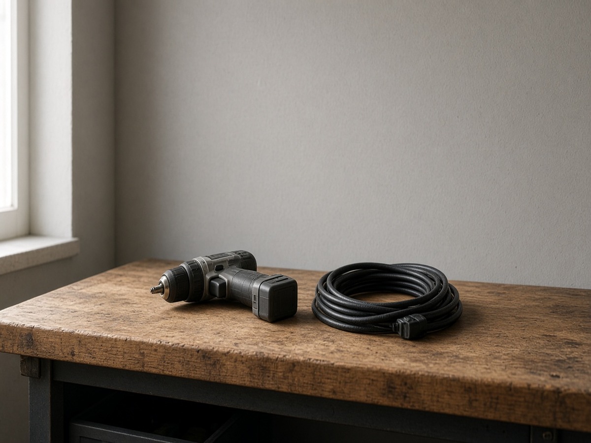 Workshop bench with cordless drill and power cable — business electricity lifestyle