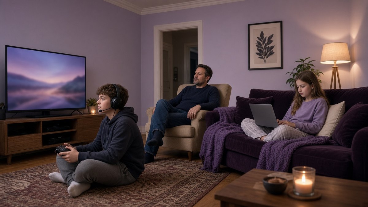 Family in a living room in the evening, gaming, streaming a film and using a laptop at once