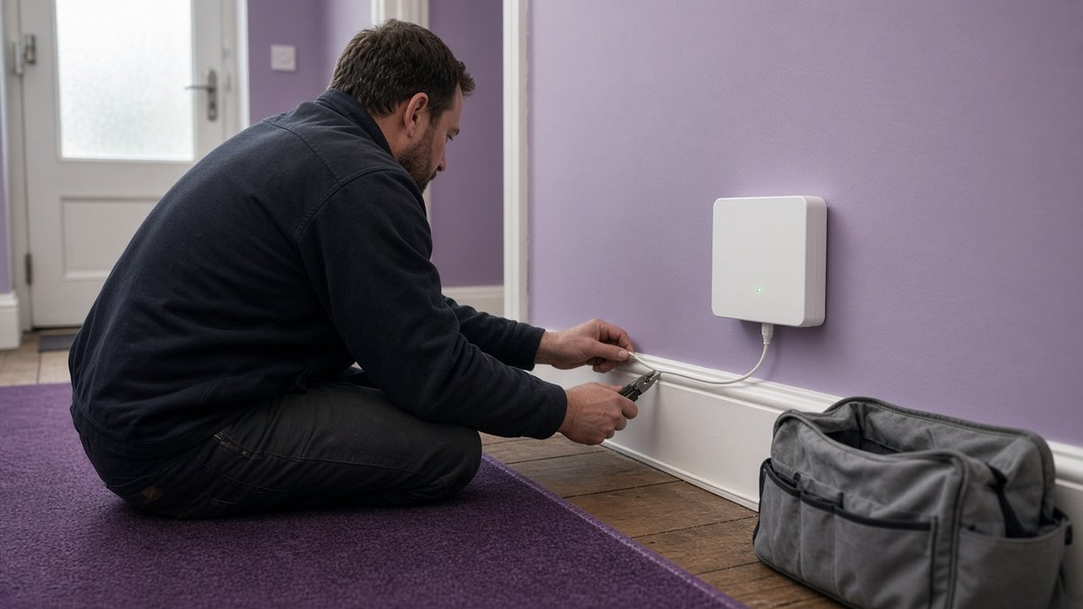 Broadband installer fitting a fibre cable to a wall-mounted fibre box in a hallway